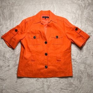 Anne Klein AK Safari Jacket Shirt Size 14 100% Linen Orange Lined Mature Career